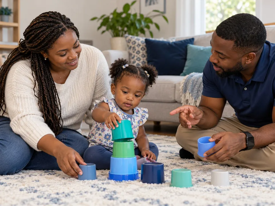 A child and two adults play together with stacking cups.