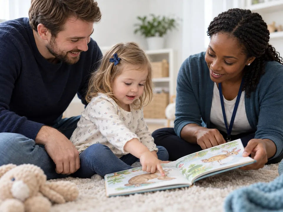 A child shares a picture book with two adults.