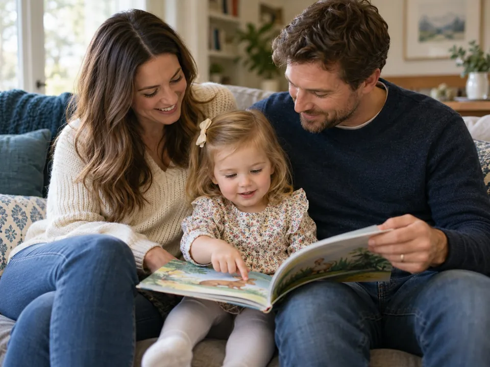 A child enjoys a picture book with two adults on a sofa.