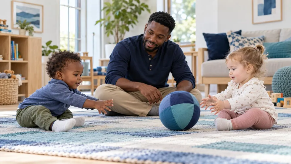 Two children share ball play with an adult at their level.