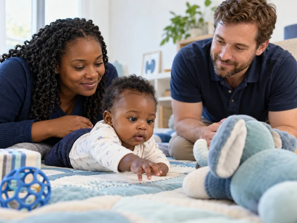 A baby explores a play mat with two adults nearby.