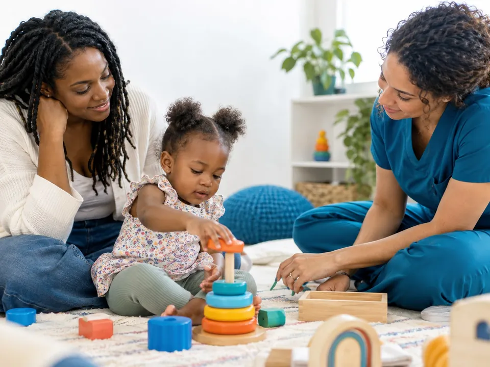 A child plays with stacking rings alongside two supportive adults.